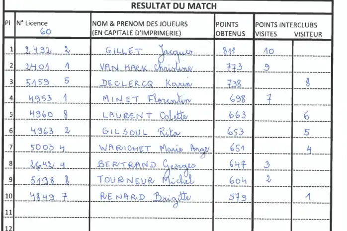 Extrait de la 1ere feuille de match