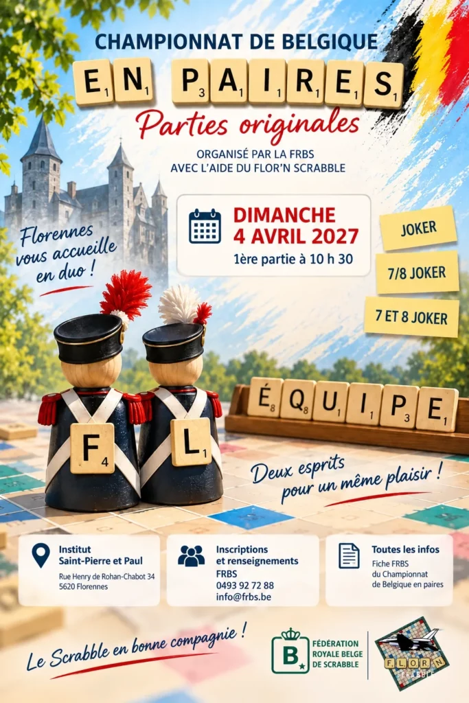 Affiche du Championnat de Belgique en paires – Parties originales, organisé le dimanche 4 avril 2027 à Florennes, avec programme, tarifs et informations d’inscription.
