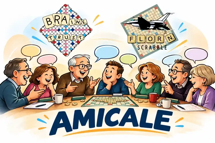Membres de clubs réunis autour d’une partie de Scrabble, sous les logos de Braine-Trust et Flor’N Scrabble, pour illustrer une rencontre amicale
