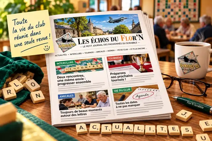 Illustration de la nouvelle revue interne « Les Échos du Flor’N », présentée sur une table de Scrabble. Le journal rassemble les actualités du Flor’N Scrabble : interclubs, tournois, amicales, agenda et vie du club.